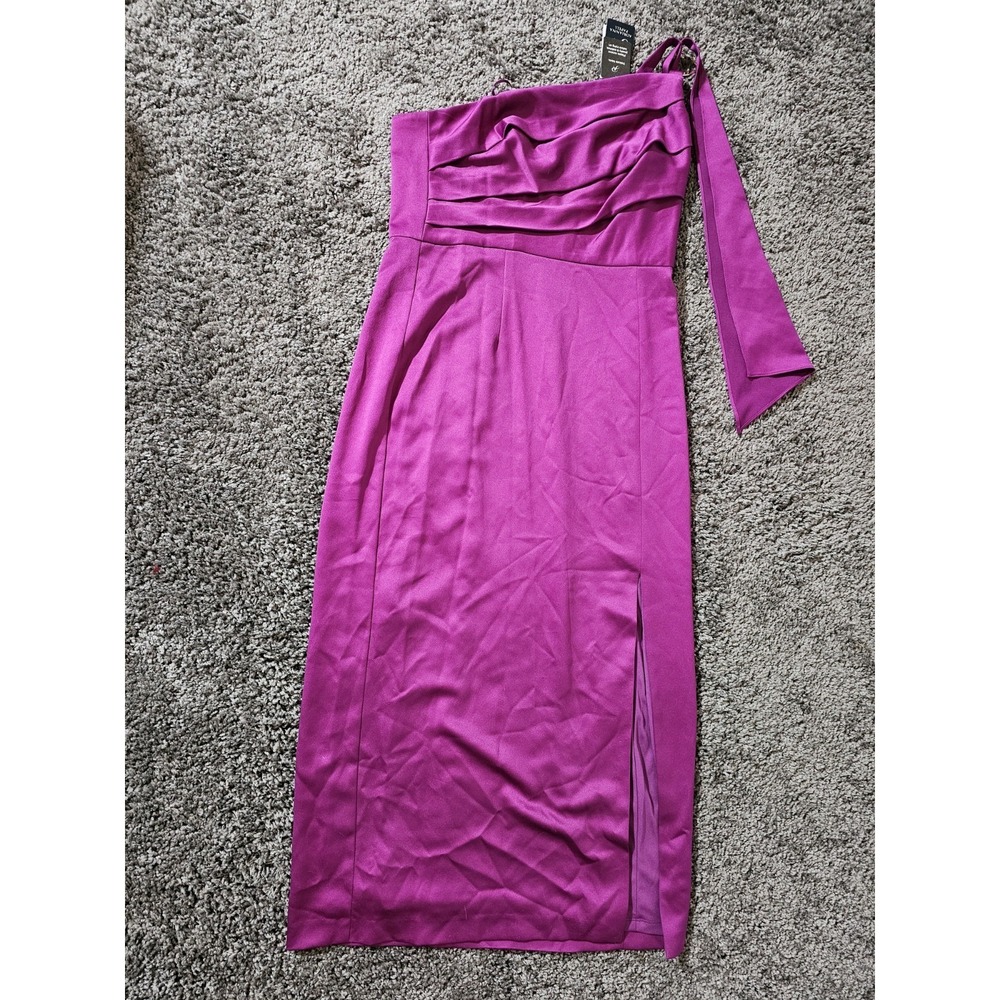 Adrianna Papell Satin Crepe Dress Sz 10 Magenta One Shoulder Midi Slit NWT $199